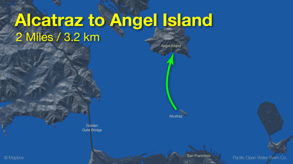 Alcatraz to Angel Island swim route map - 2 Miles (3.2 km), ideal for a flood current.