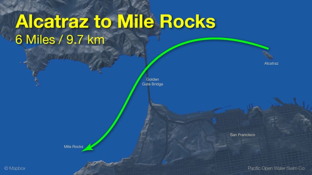 Alcatraz to Mile Rocks swim route map - 6 Miles (9.7 km) through open ocean waters.