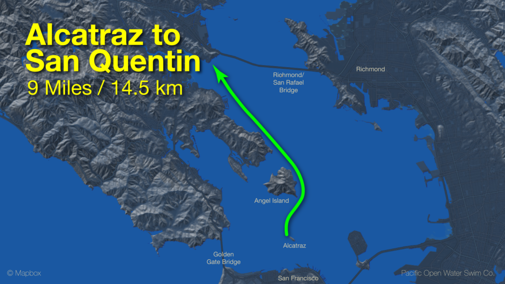 Prison to Prison swim route map - Alcatraz to San Quentin, 9 Miles (14.5 km), current-assisted.