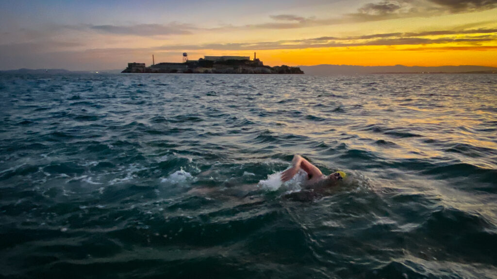 Andrew Packer swimming at dawn during the return leg of the Round-Trip Angel Island marathon swim in San Francisco Bay.