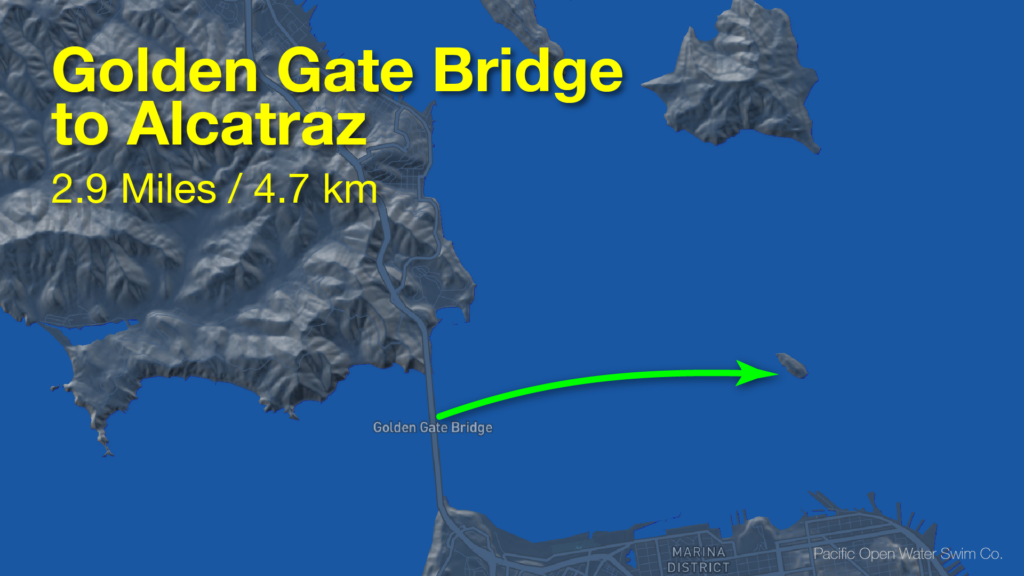 Golden Gate Bridge to Alcatraz swim route map - 2.9 Miles (4.7 km), swim with the tide.