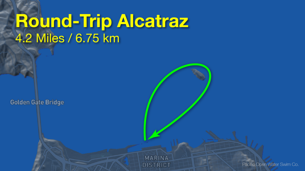 Round-Trip Alcatraz swim route map - 4.2 Miles (6.75 km) from San Francisco, around Alcatraz, and back.