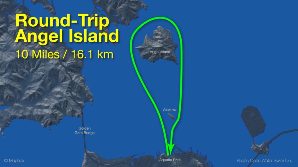 Round-Trip Angel Island swim route map - 10 Miles (16.1 km)